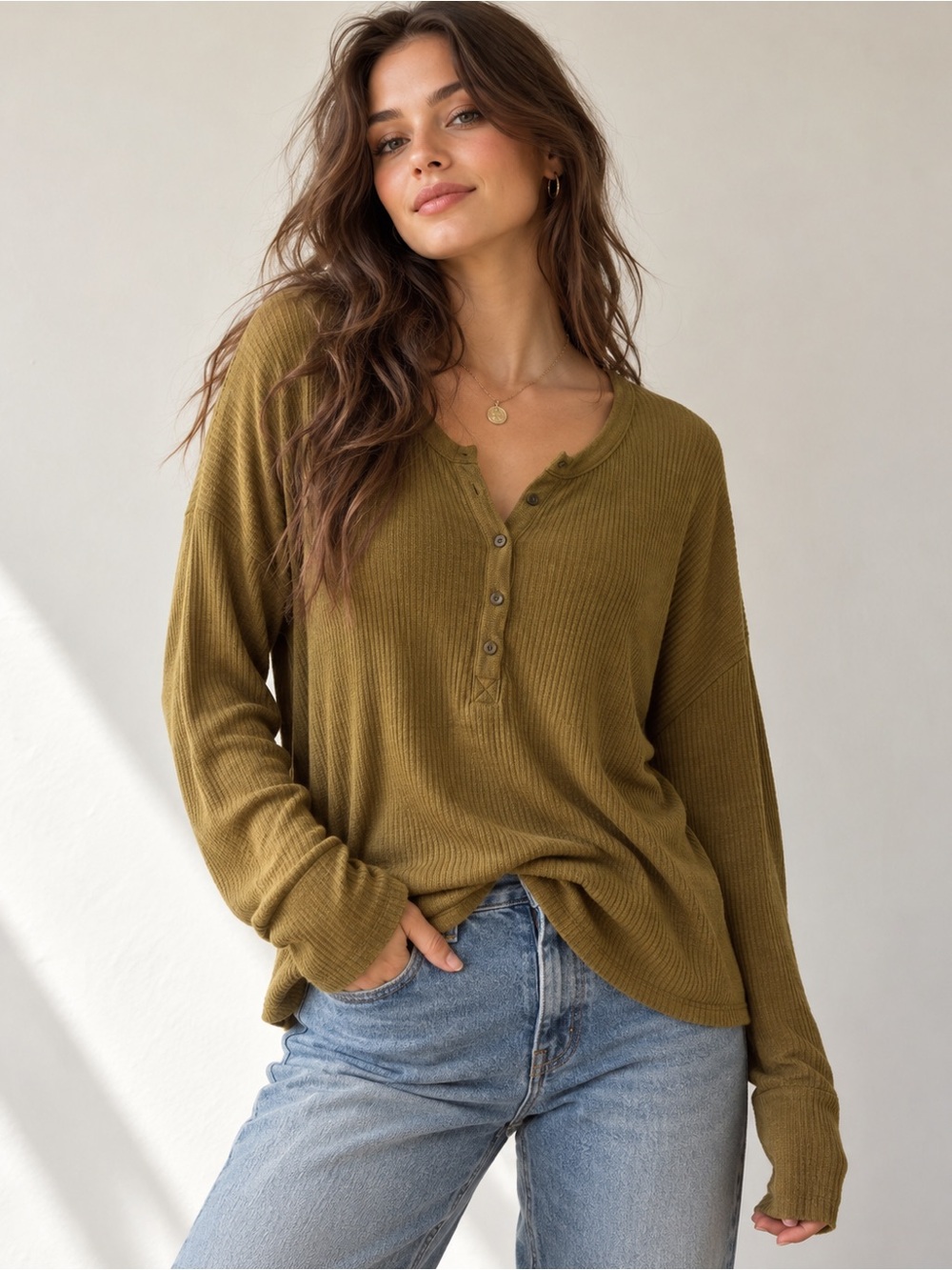 Aerie Offline Olive Ribbed Henley Long Sleeve Top XS Cozy